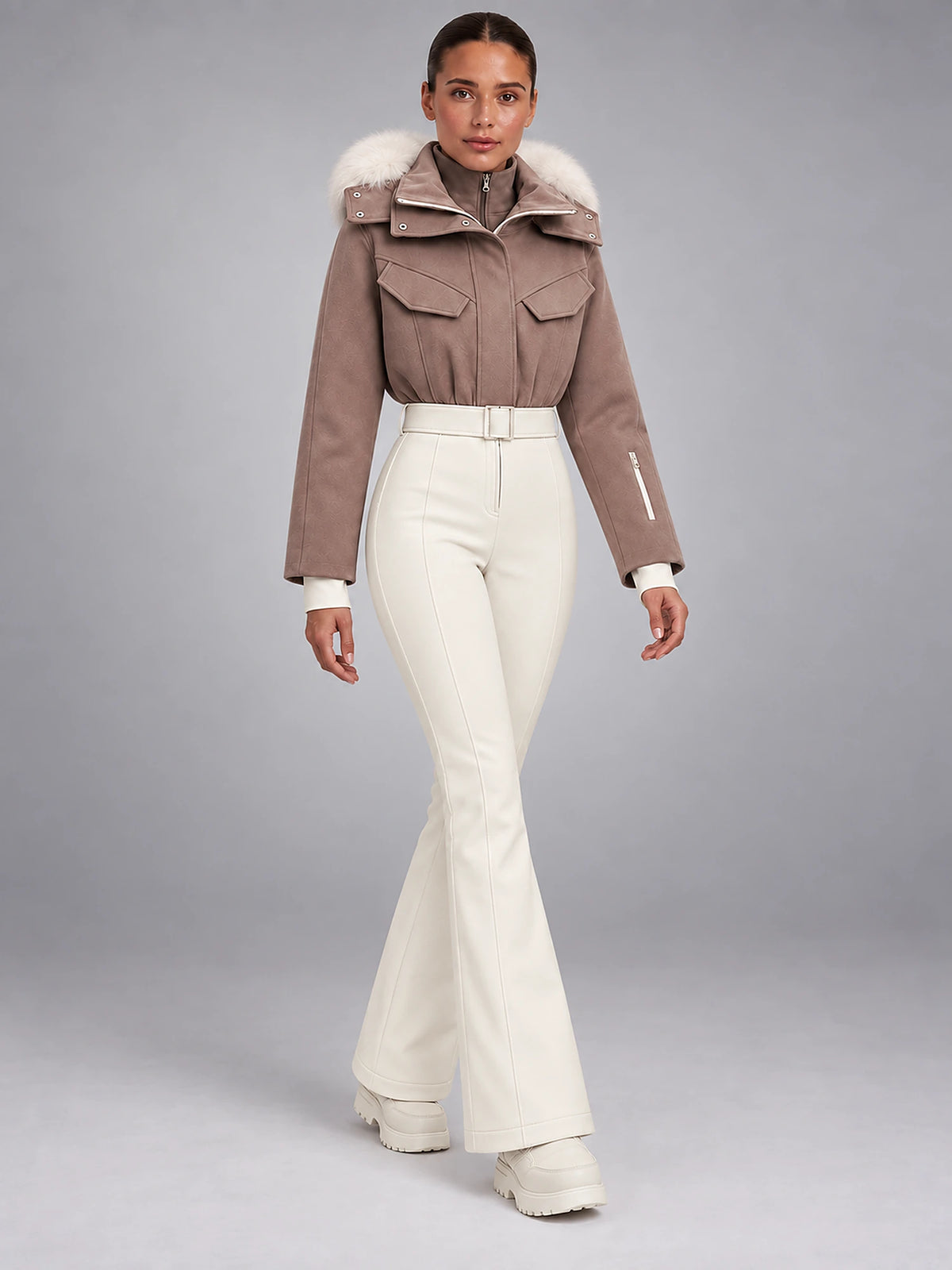Women's Hooded Ski Jumpsuit – Stand Collar High Waist in Taupe/Cream — alternate view