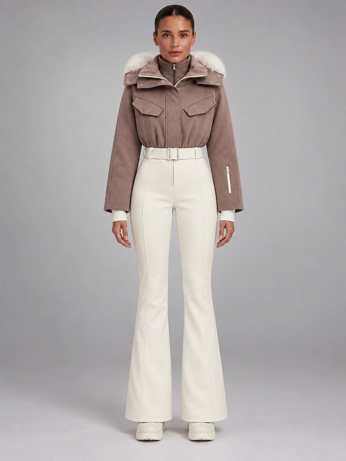 Women's Hooded Ski Jumpsuit – Stand Collar High Waist in Taupe/Cream — front view
