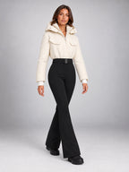 Women's Hooded Ski Jumpsuit – Stand Collar High Waist in Cream/Black — alternate view
