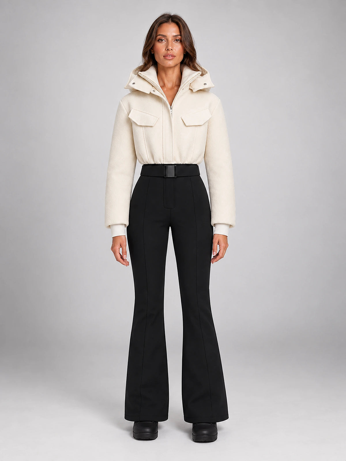 Women's Hooded Ski Jumpsuit – Stand Collar High Waist in Cream/Black — front view