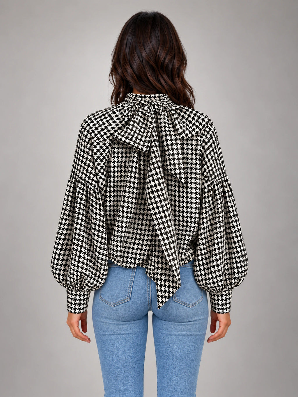 Women's Houndstooth Bow Neck Shirt – Long Sleeve in Black Ivory Houndstooth — back view