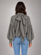 Women's Houndstooth Bow Neck Shirt – Long Sleeve in Black Ivory Houndstooth — back view