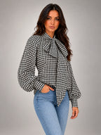 Women's Houndstooth Bow Neck Shirt – Long Sleeve in Black Ivory Houndstooth — alternate view