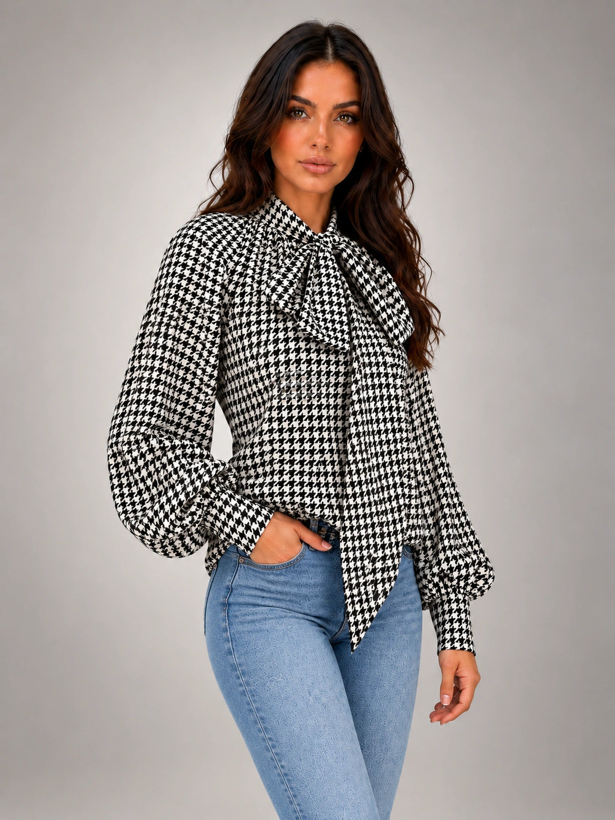 Women's Houndstooth Bow Neck Shirt – Long Sleeve in Black Ivory Houndstooth — alternate view