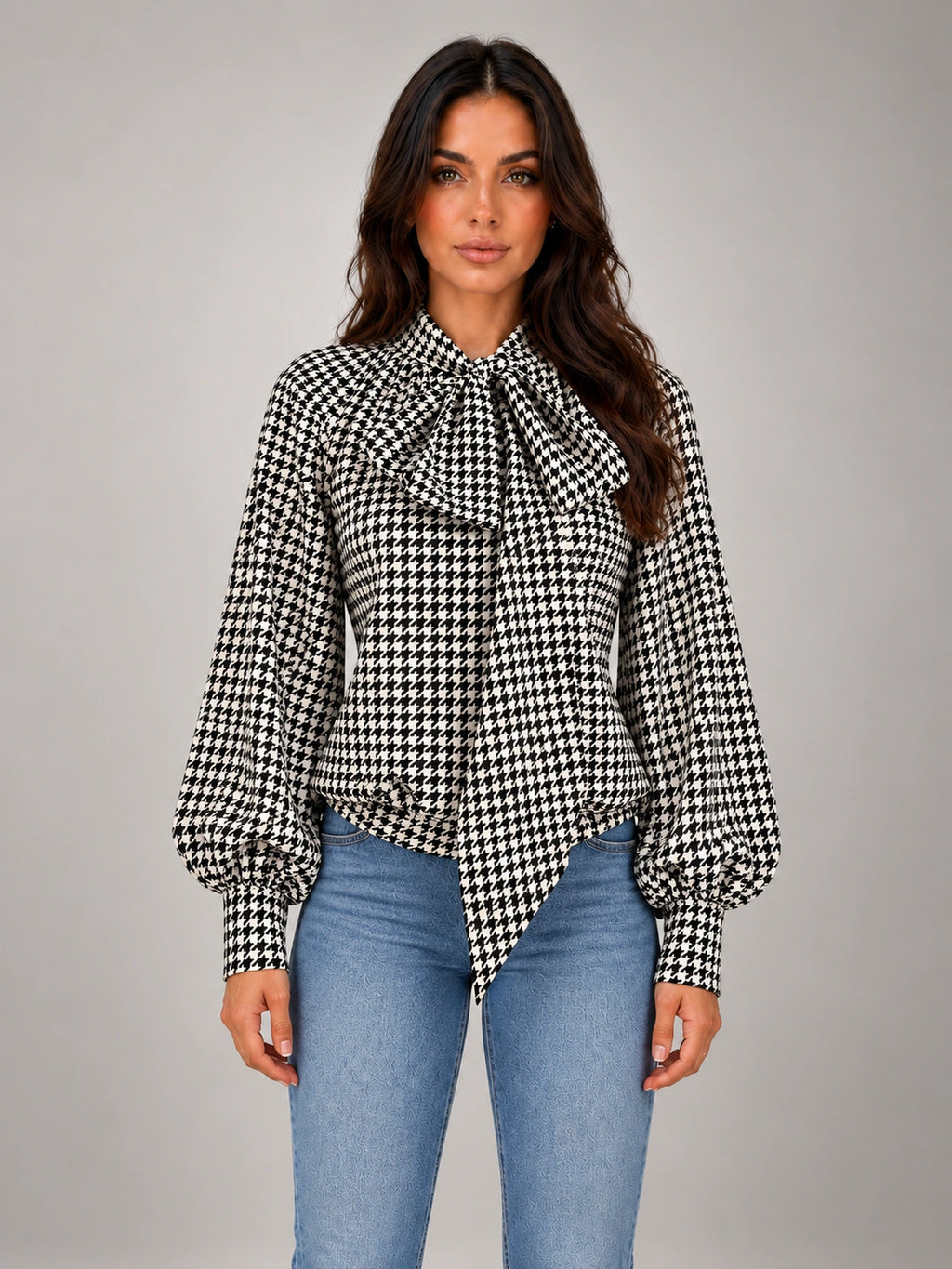 Women's Houndstooth Bow Neck Shirt – Long Sleeve in Black Ivory Houndstooth — front view