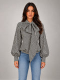 Women's Houndstooth Bow Neck Shirt – Long Sleeve in Black Ivory Houndstooth — front view