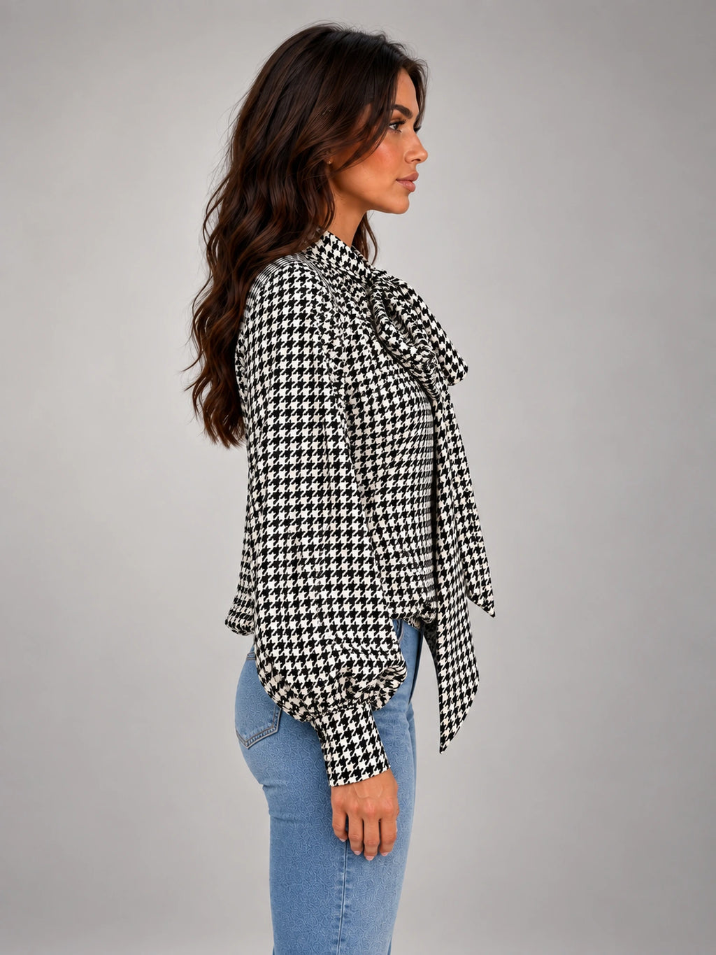Women's Houndstooth Bow Neck Shirt – Long Sleeve in Black Ivory Houndstooth — side view