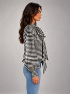 Women's Houndstooth Bow Neck Shirt – Long Sleeve in Black Ivory Houndstooth — side view