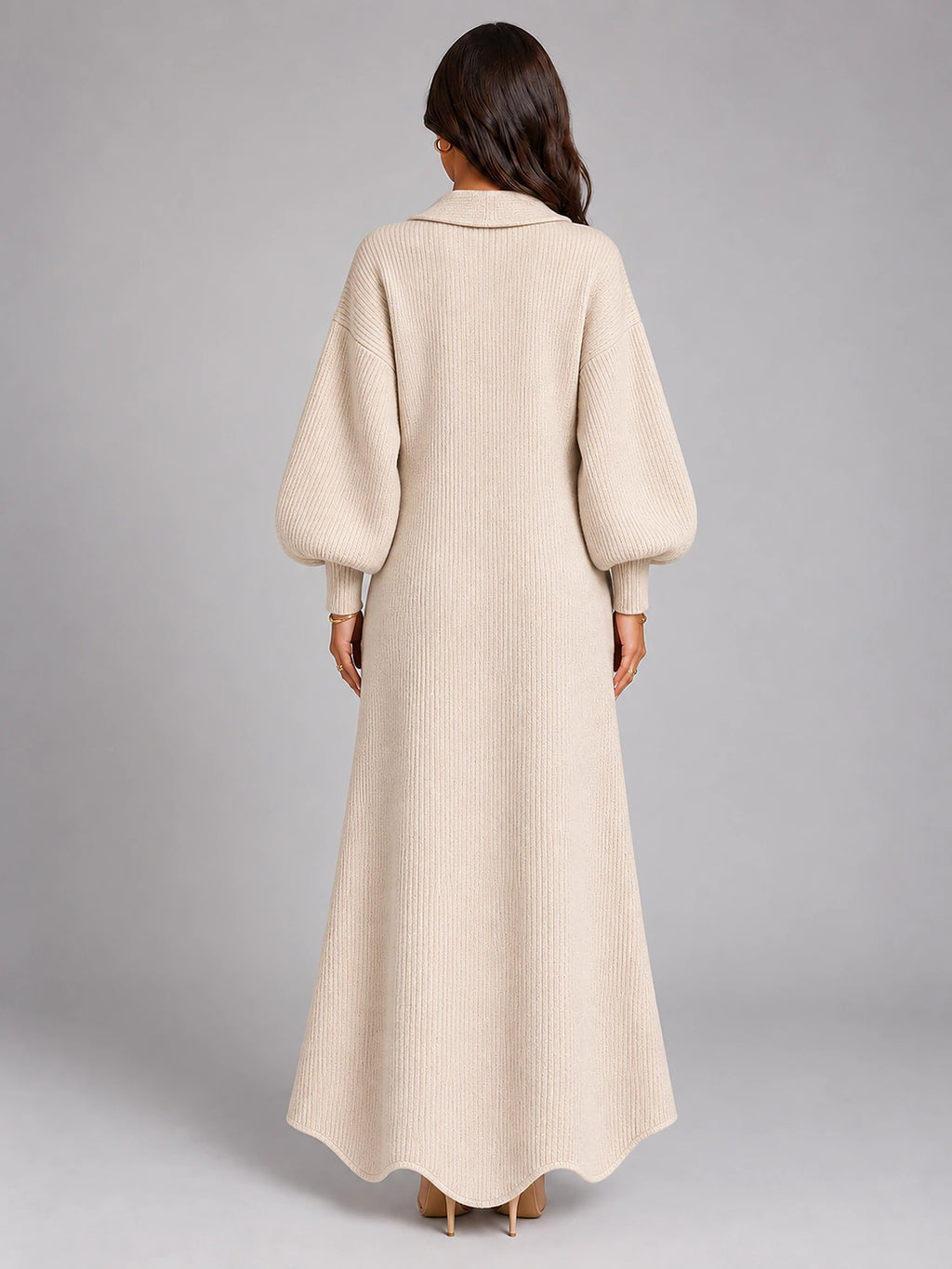 Women's Knitted Cardigan Dress – Puff Sleeve Maxi in Apricot — back view