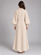 Women's Knitted Cardigan Dress – Puff Sleeve Maxi in Apricot — back view