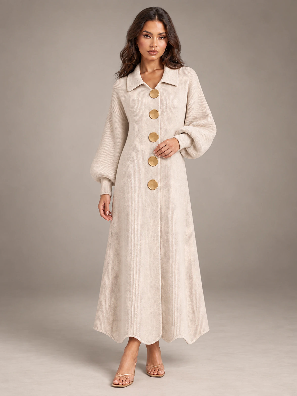 Women's Knitted Cardigan Dress – Puff Sleeve Maxi in Apricot — alternate view