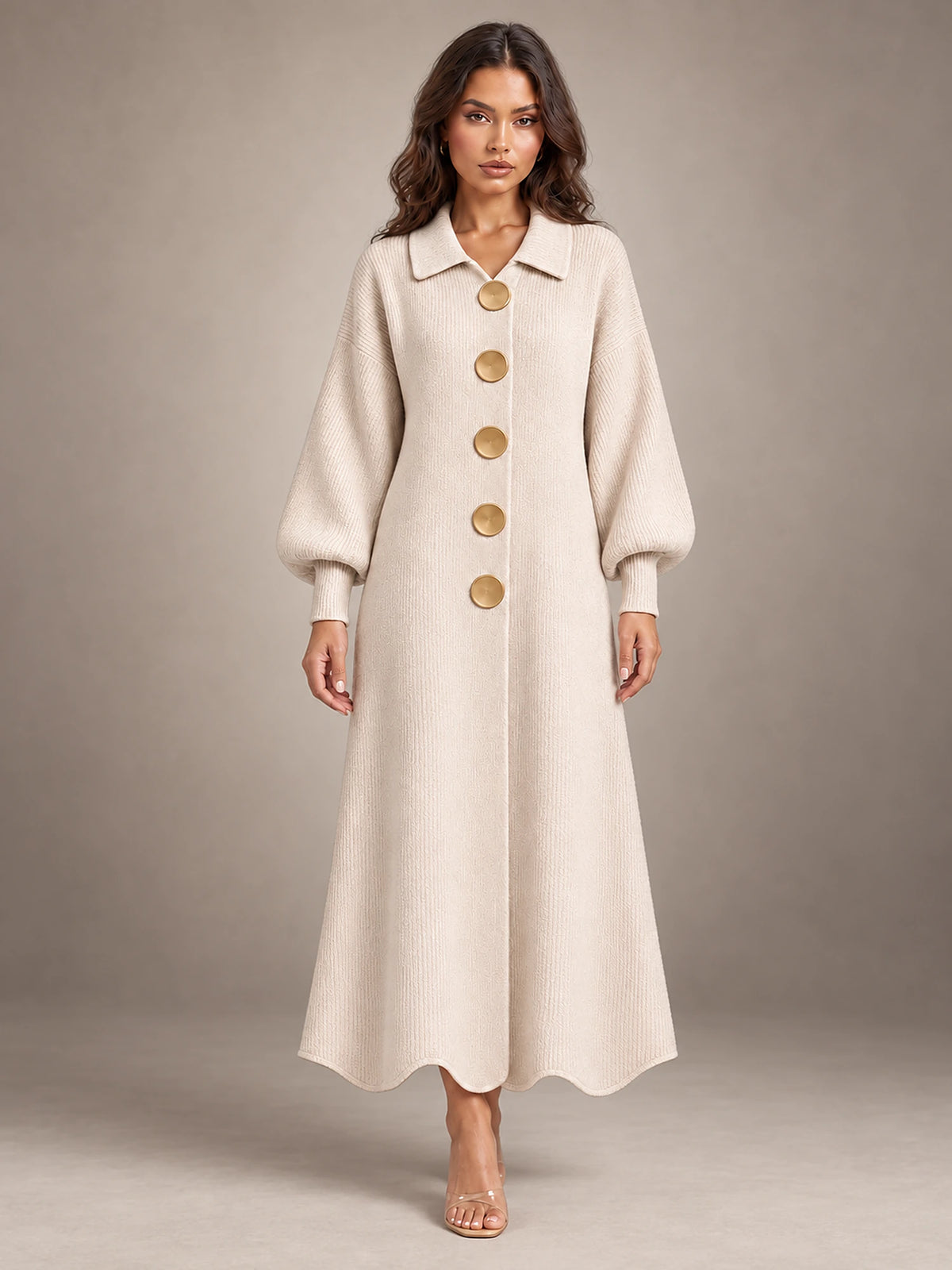 Women's Knitted Cardigan Dress – Puff Sleeve Maxi in Apricot — front view
