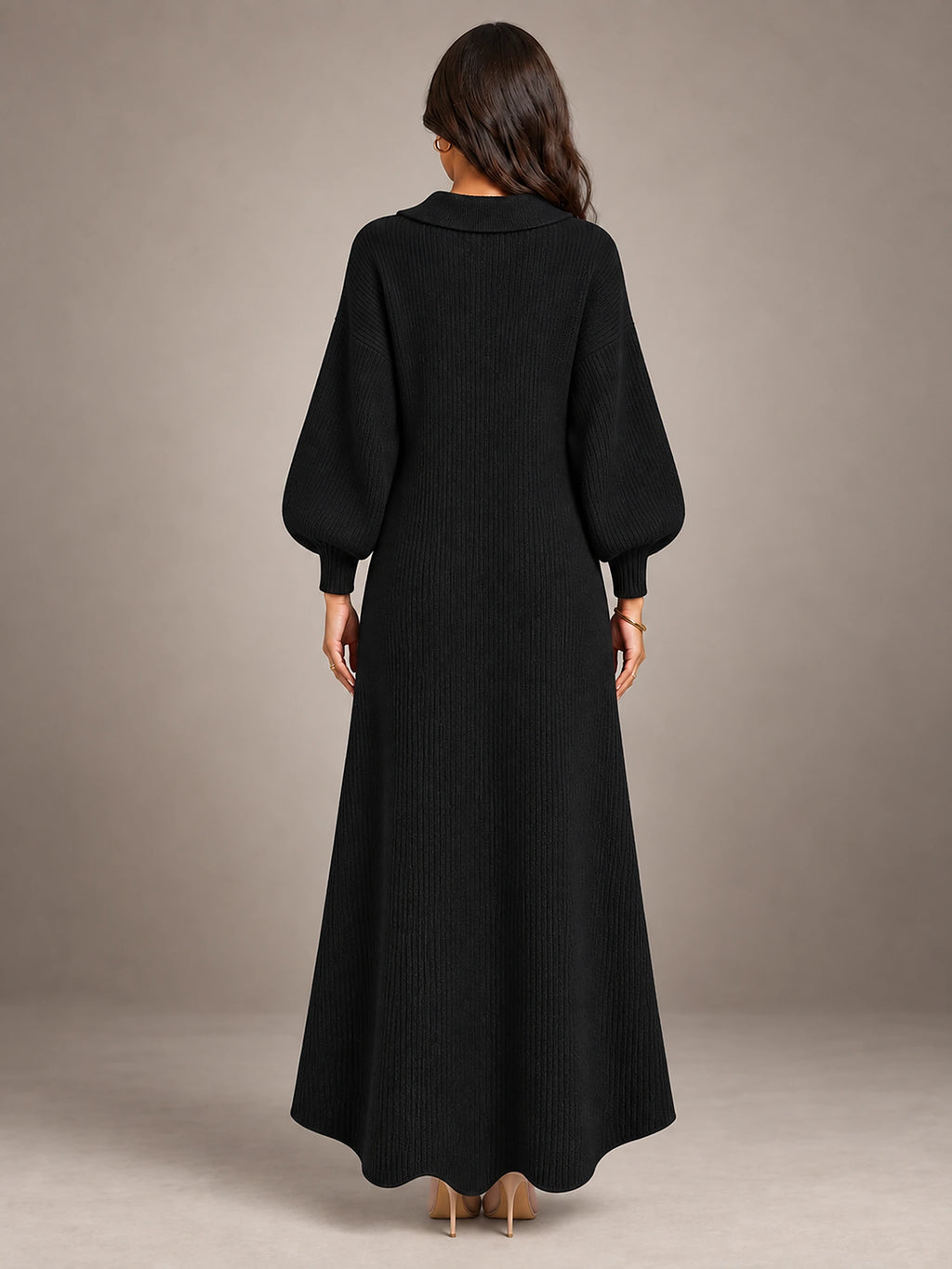 Women's Knitted Cardigan Dress – Puff Sleeve Maxi in Black — back view