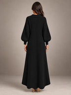 Women's Knitted Cardigan Dress – Puff Sleeve Maxi in Black — back view