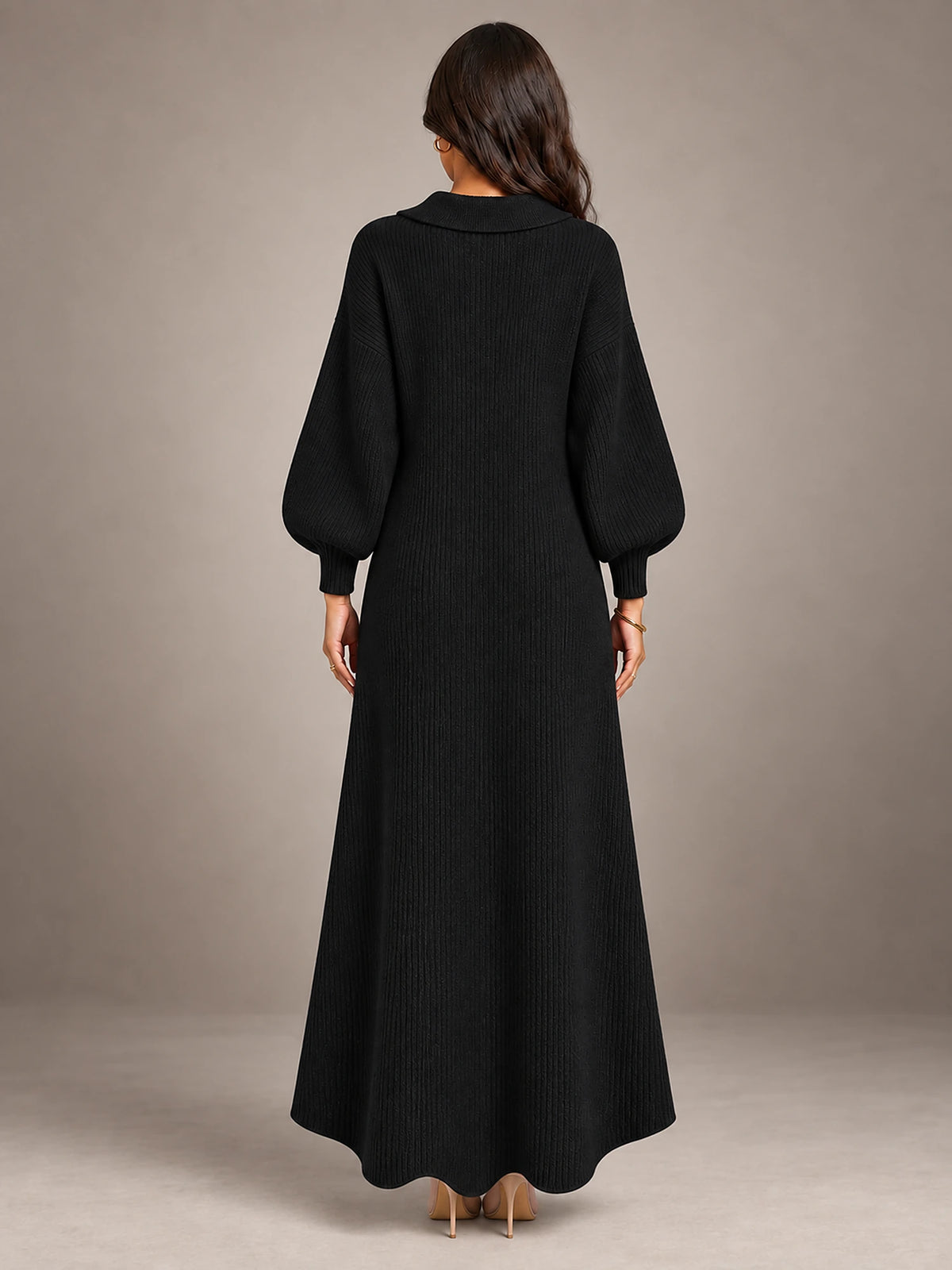 Women's Knitted Cardigan Dress – Puff Sleeve Maxi in Black — back view
