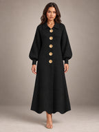 Women's Knitted Cardigan Dress – Puff Sleeve Maxi in Black — front view