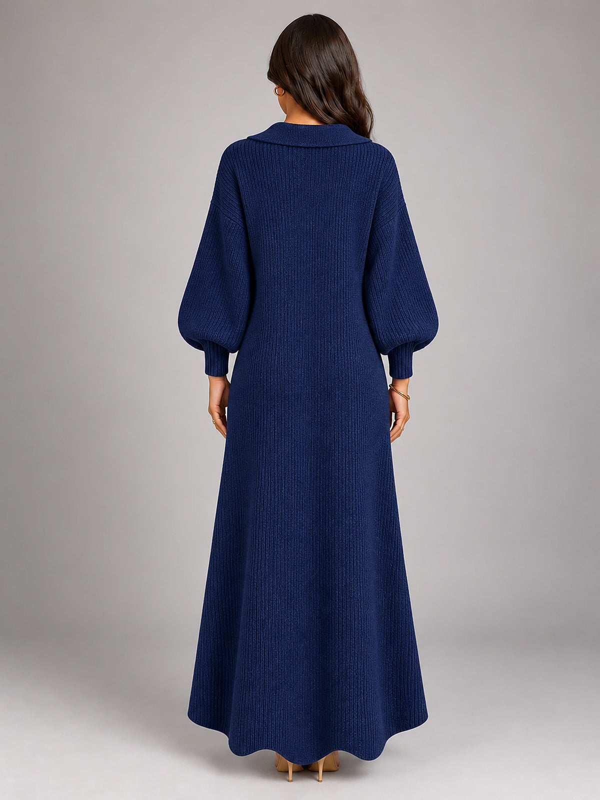 Women's Knitted Cardigan Dress – Puff Sleeve Maxi in Dark Blue — back view