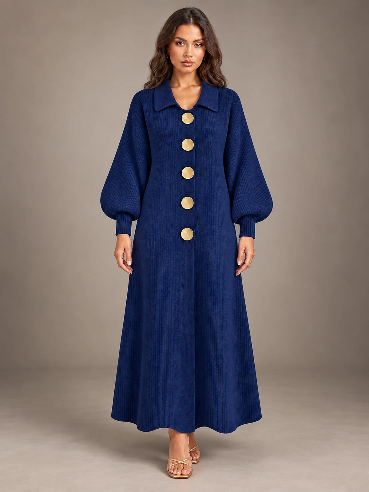 Women's Knitted Cardigan Dress – Puff Sleeve Maxi in Dark Blue — front view