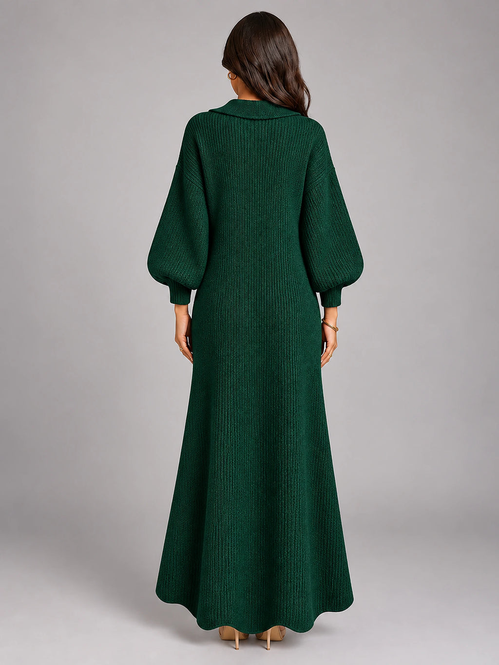 Women's Knitted Cardigan Dress – Puff Sleeve Maxi in Green — back view