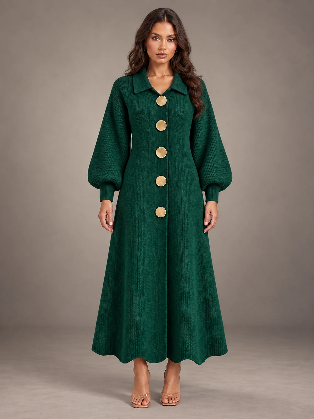 Women's Knitted Cardigan Dress – Puff Sleeve Maxi in Green — front view