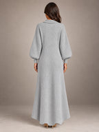 Women's Knitted Cardigan Dress – Puff Sleeve Maxi in Grey — back view