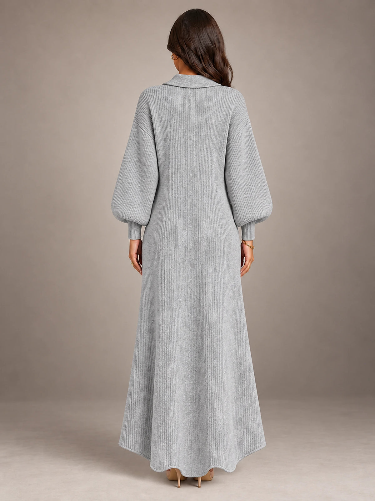 Women's Knitted Cardigan Dress – Puff Sleeve Maxi in Grey — back view