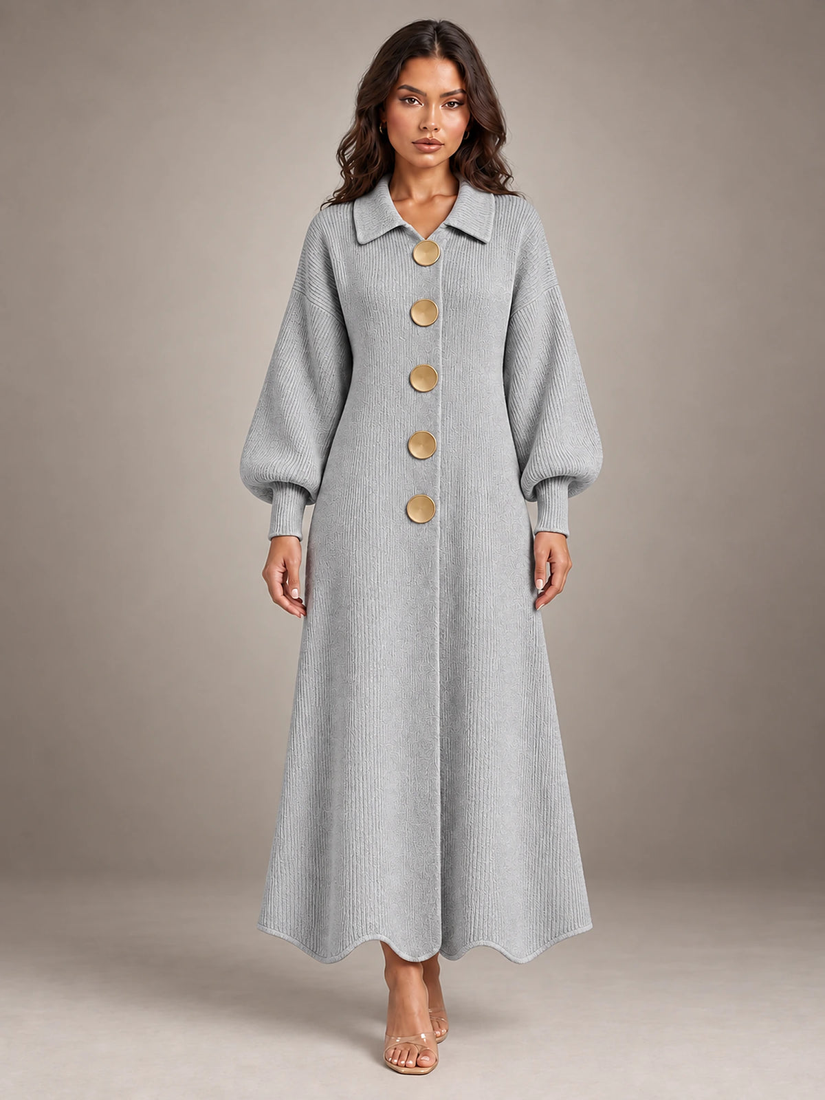 Women's Knitted Cardigan Dress – Puff Sleeve Maxi in Grey — front view