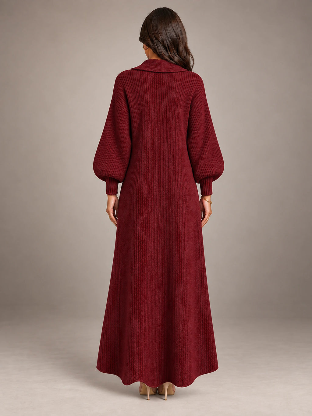 Women's Knitted Cardigan Dress – Puff Sleeve Maxi in Wine Red — back view