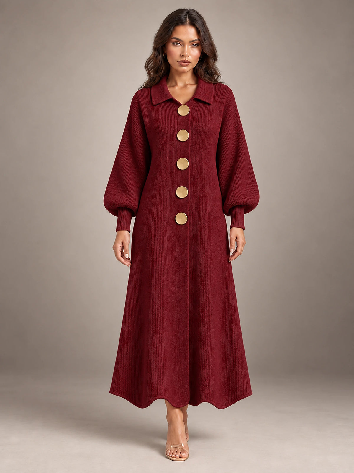 Women's Knitted Cardigan Dress – Puff Sleeve Maxi in Wine Red — front view