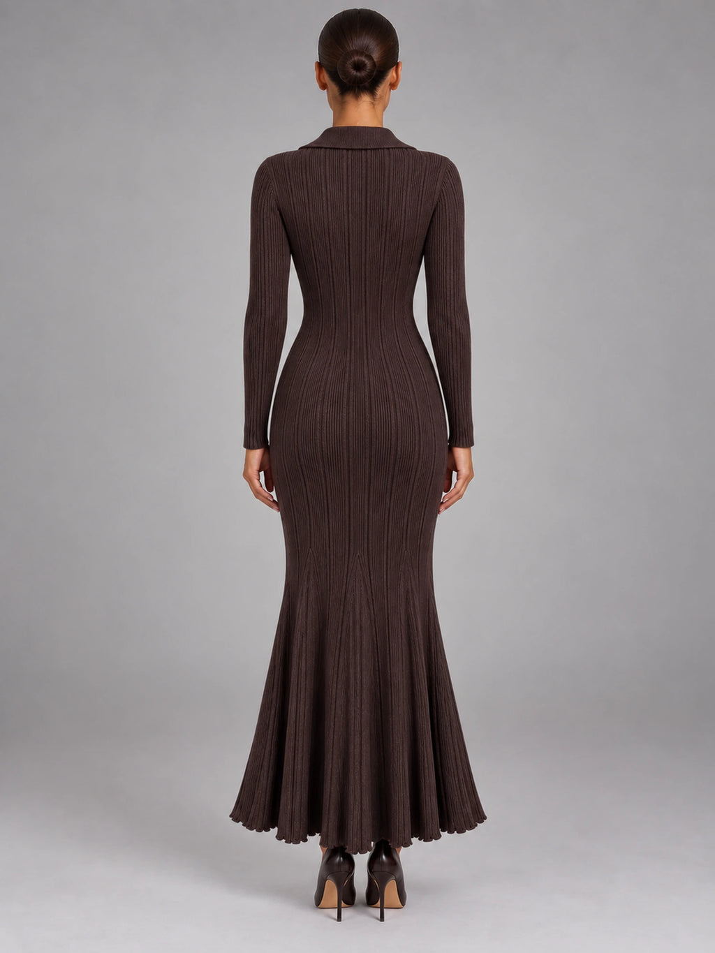 Women's Knitted Fishtail Dress – Slim Fit Midi in Coffee — back view