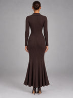 Women's Knitted Fishtail Dress – Slim Fit Midi in Coffee — back view