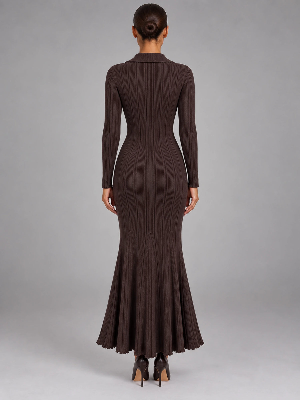 Women's Knitted Fishtail Dress – Slim Fit Midi in Coffee — back view
