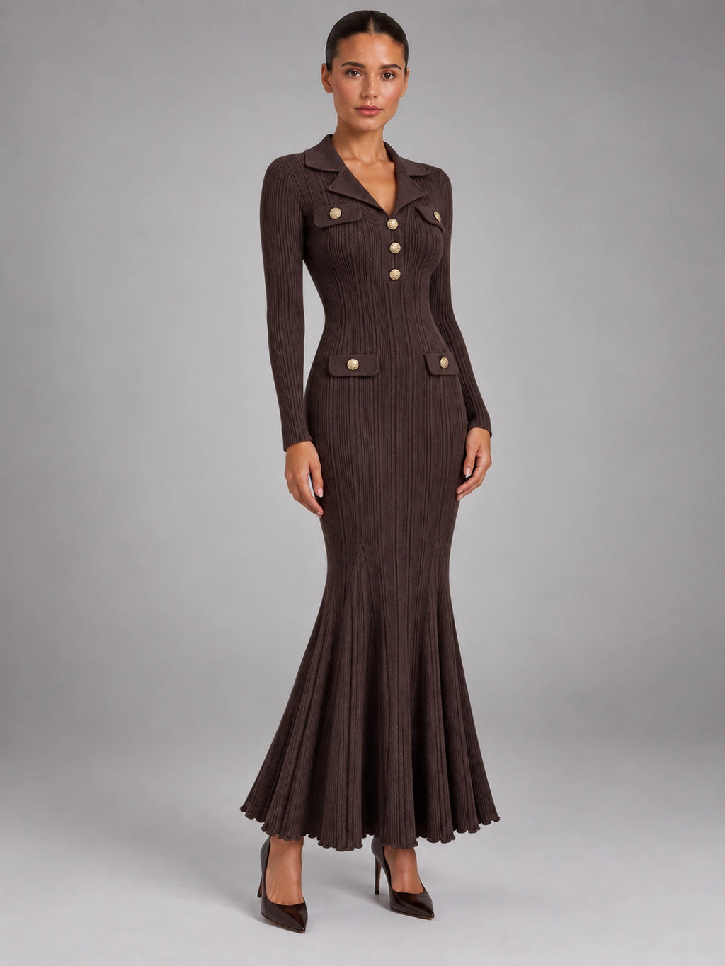Women's Knitted Fishtail Dress – Slim Fit Midi in Coffee — alternate view