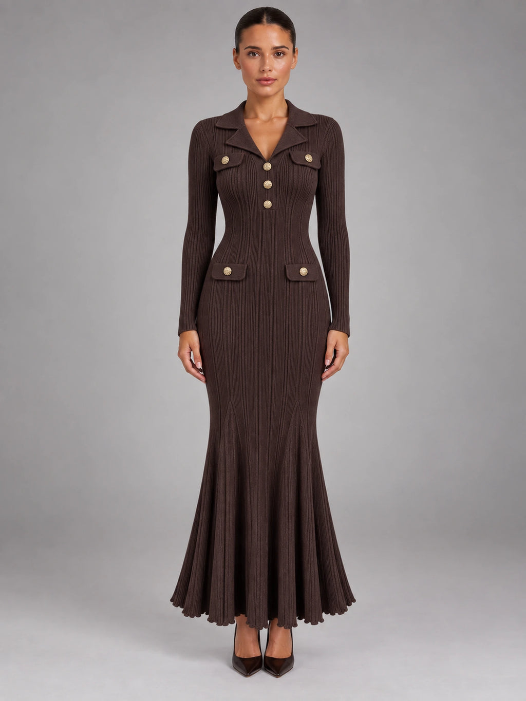 Women's Knitted Fishtail Dress – Slim Fit Midi in Coffee — front view