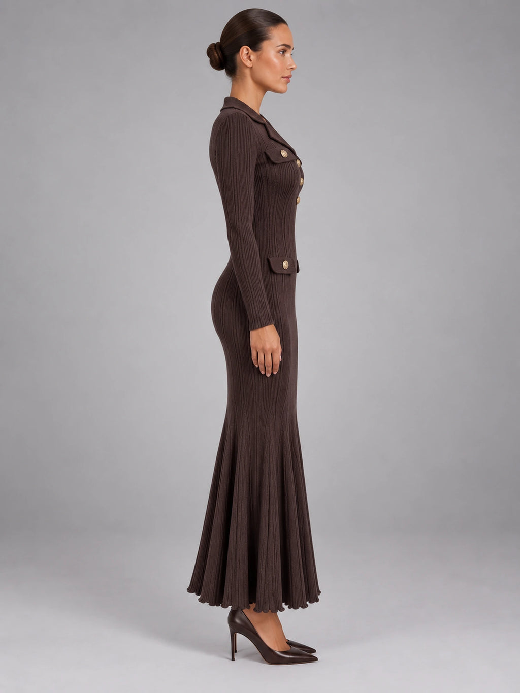 Women's Knitted Fishtail Dress – Slim Fit Midi in Coffee — side view