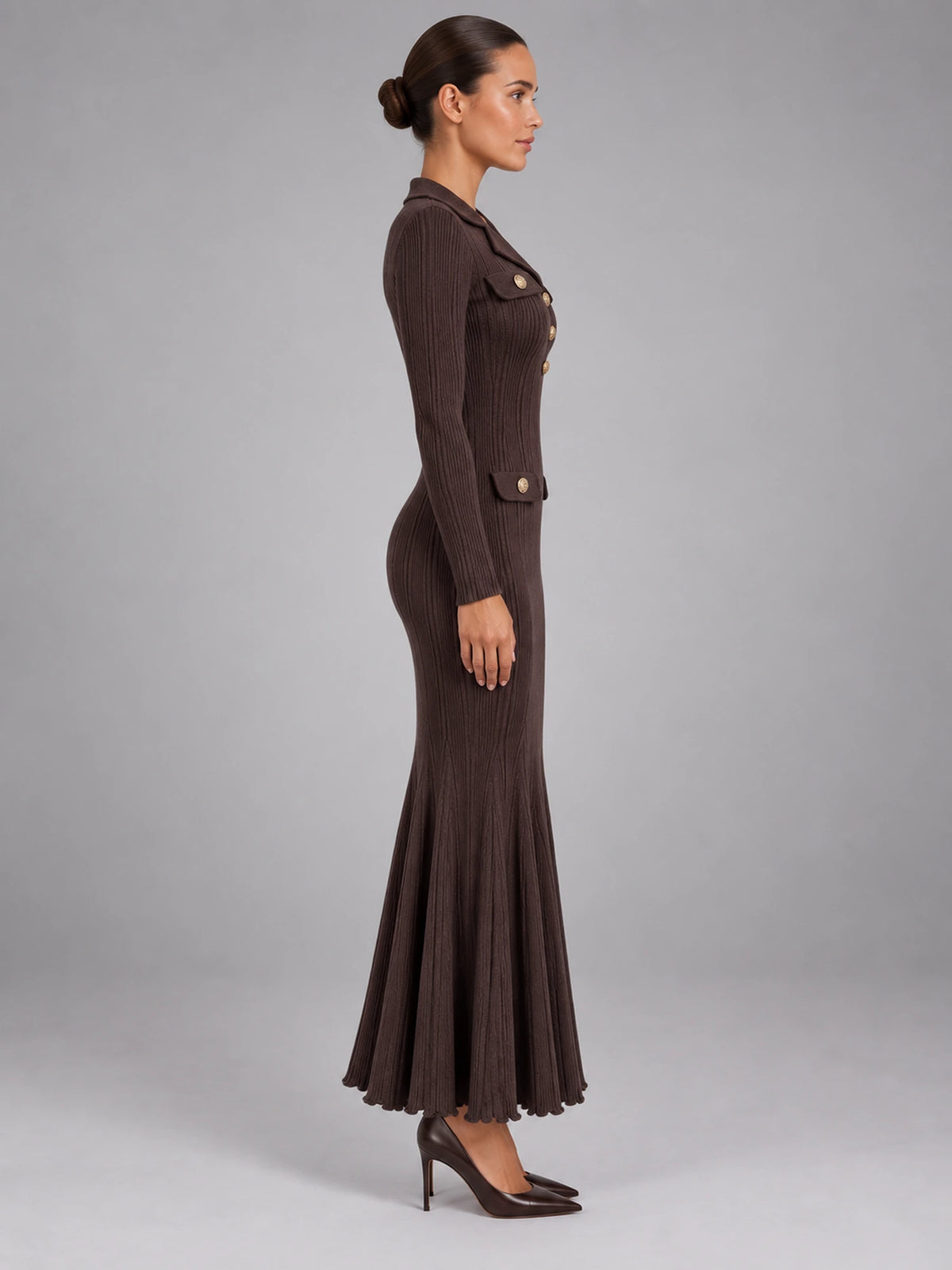 Women's Knitted Fishtail Dress – Slim Fit Midi in Coffee — side view