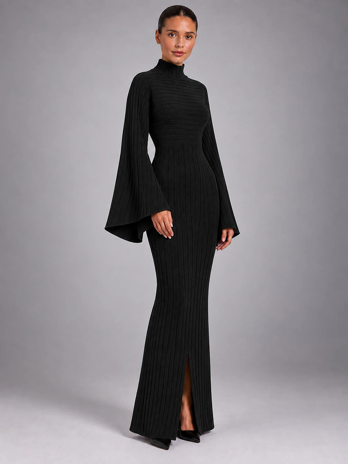 Women's Knitted Maxi Dress – Crew Neck Long Sleeve