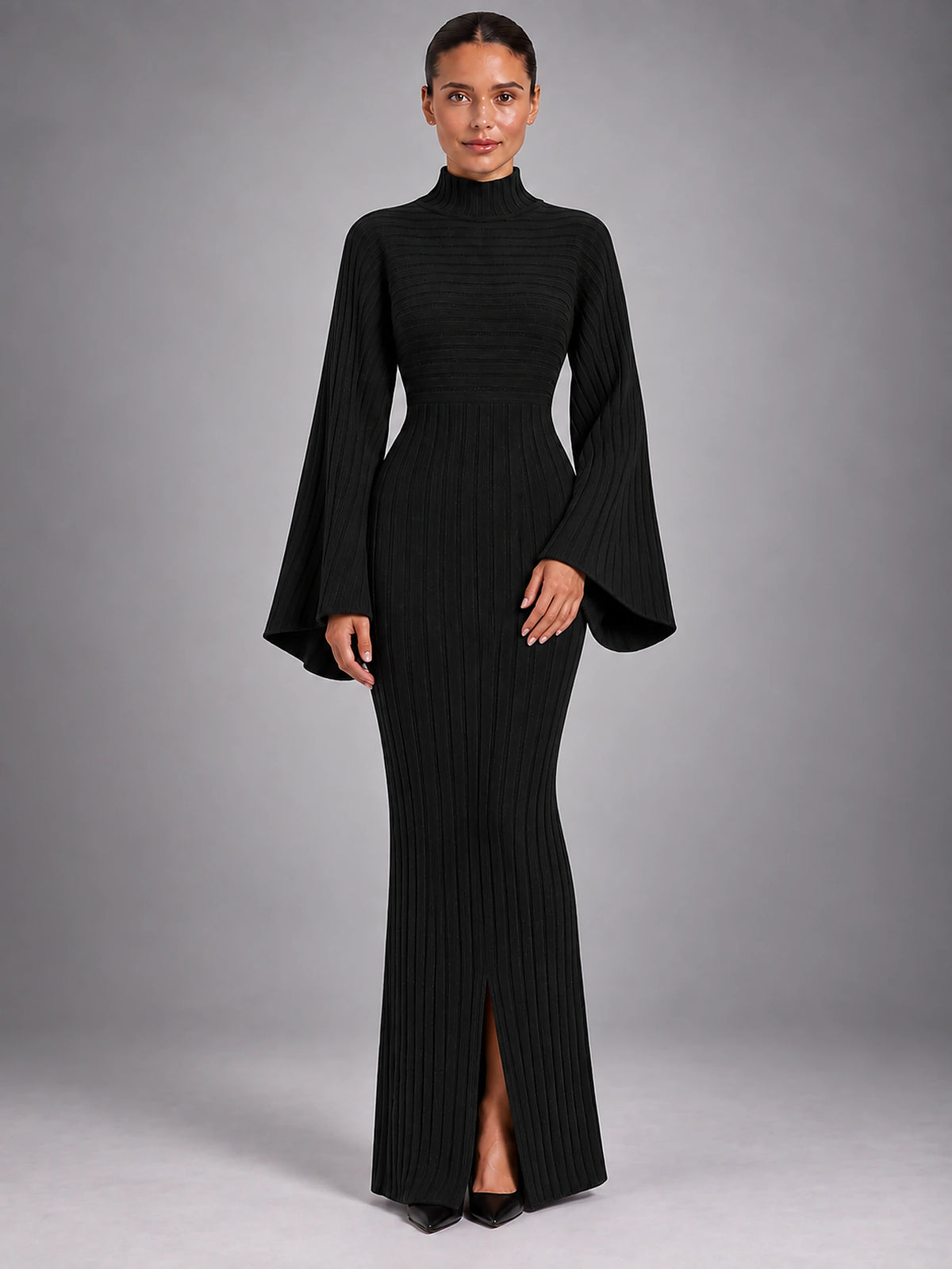 Women's Knitted Maxi Dress – Crew Neck Long Sleeve