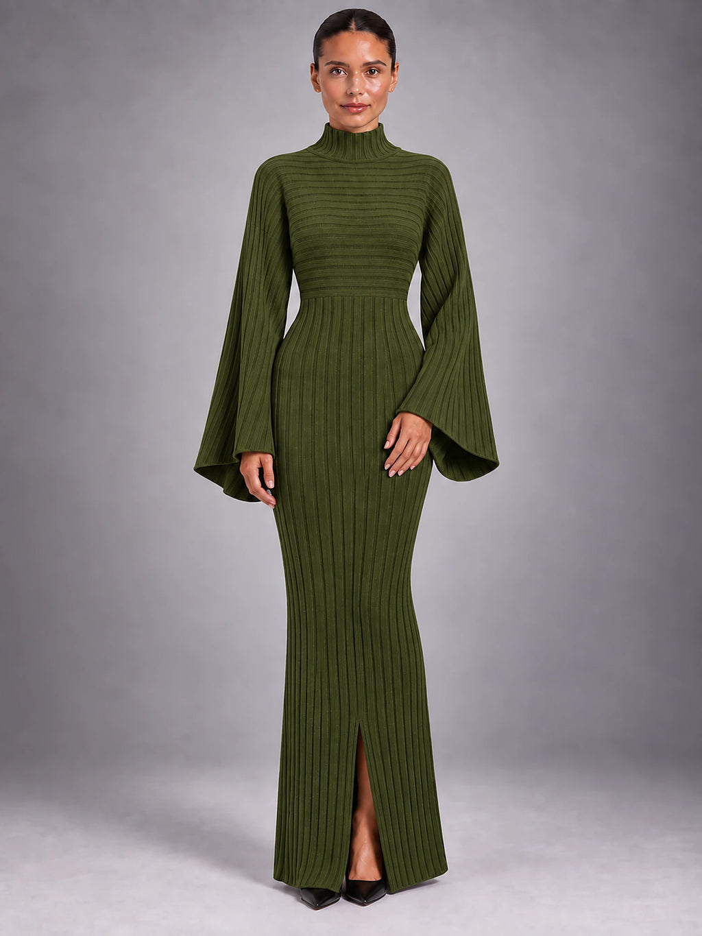 Women's Knitted Maxi Dress – Crew Neck Long Sleeve