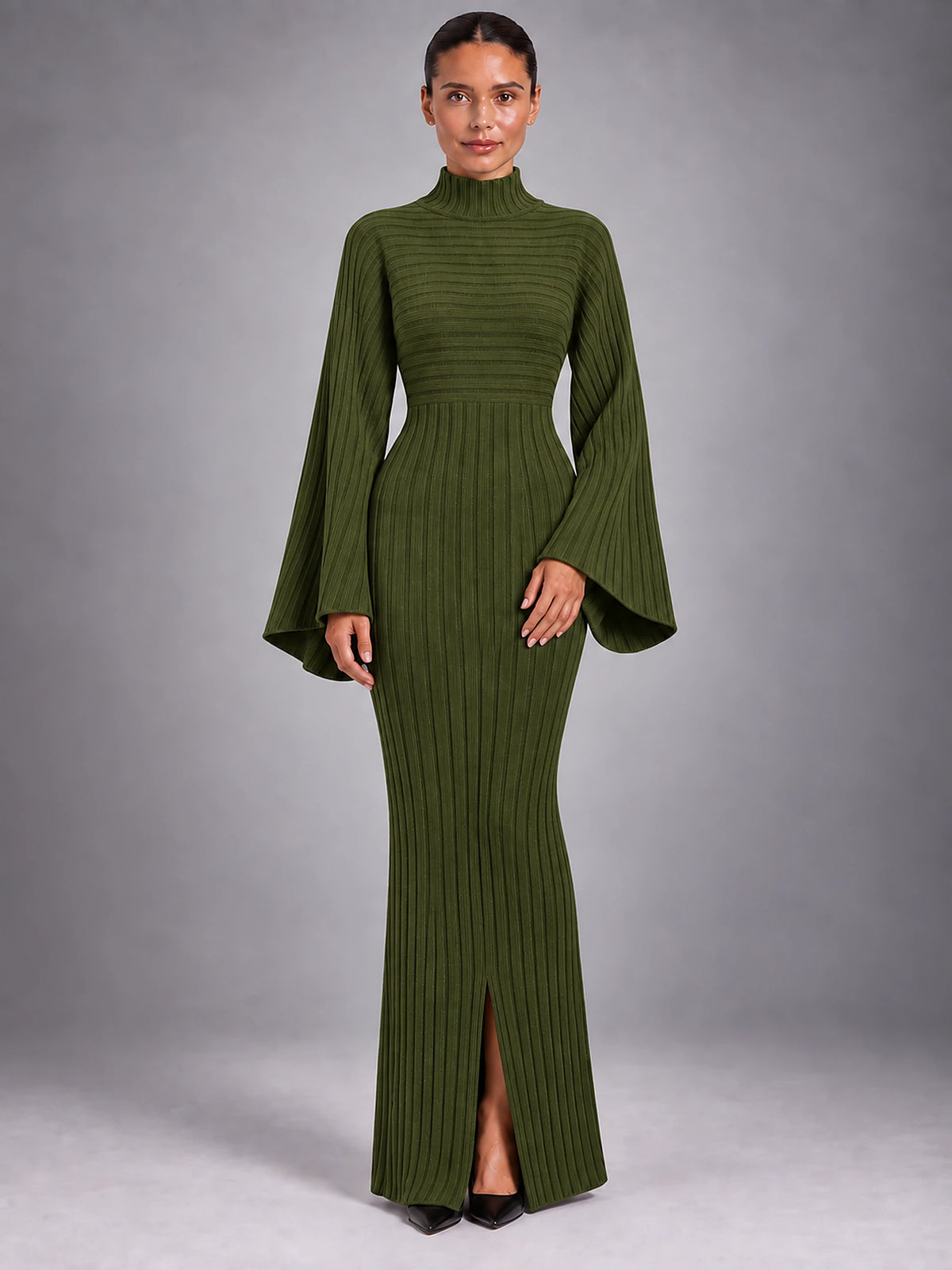 Women's Knitted Maxi Dress – Crew Neck Long Sleeve