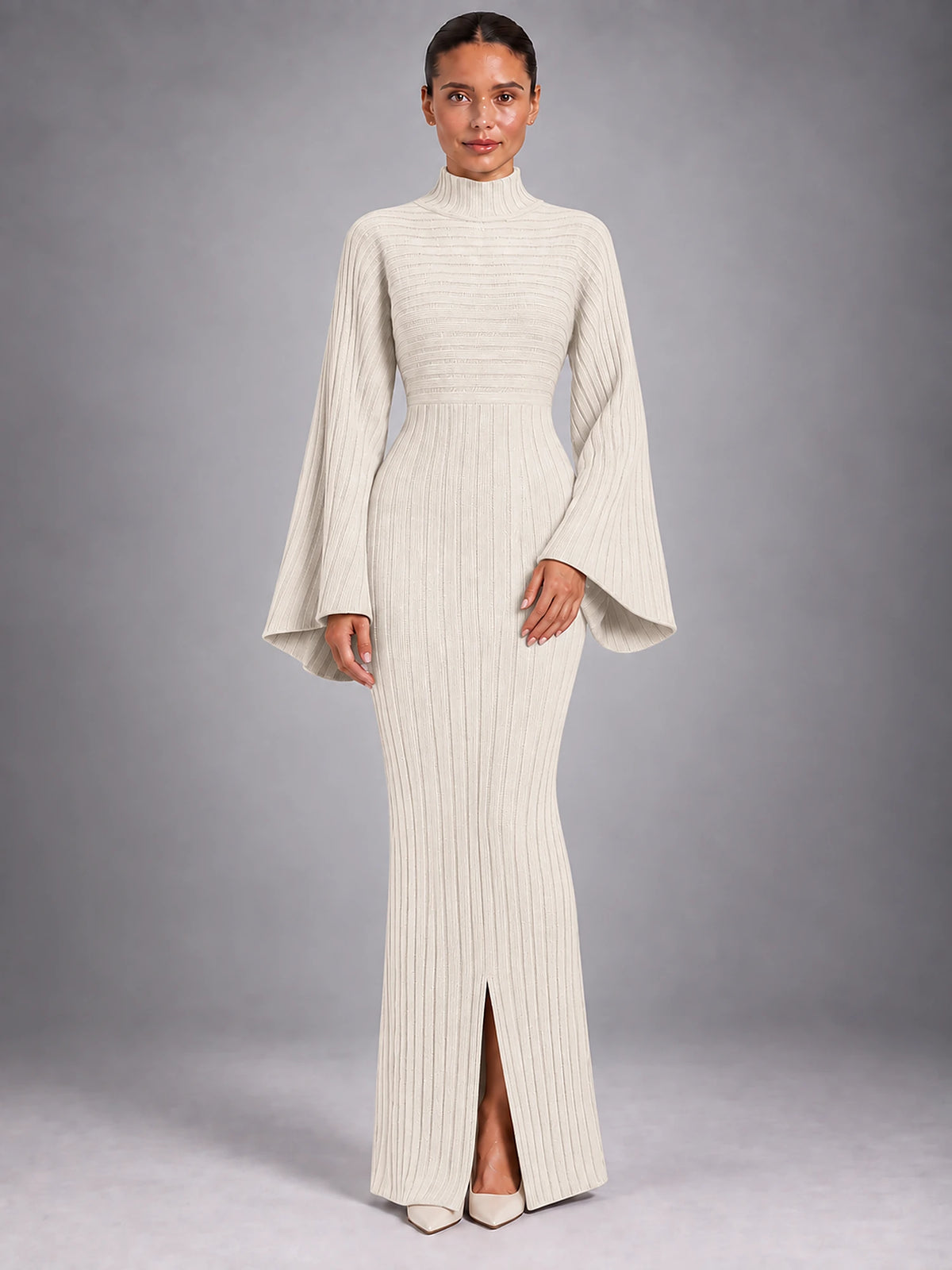 Women's Knitted Maxi Dress – Crew Neck Long Sleeve