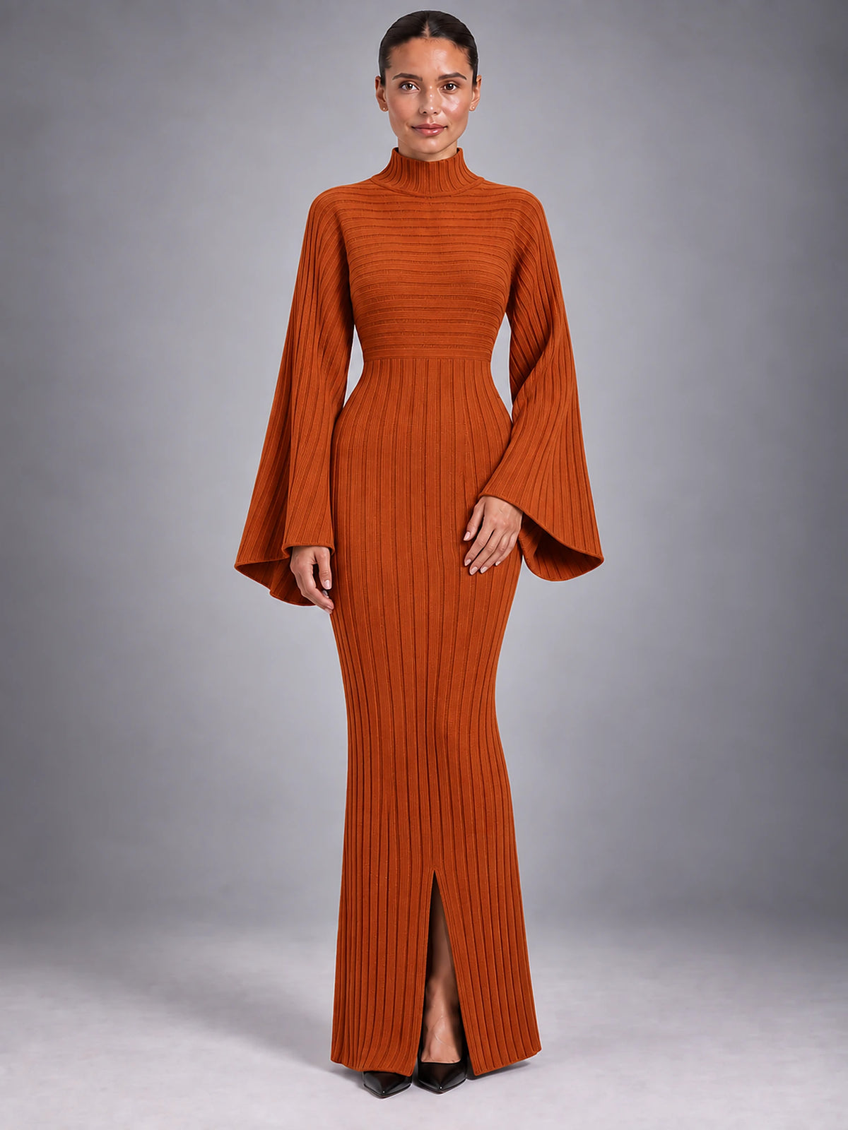 Women's Knitted Maxi Dress – Crew Neck Long Sleeve