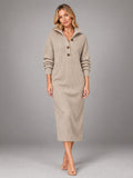Women's Knitted Midi Dress – Button High Neck Relaxed in Khaki — front view