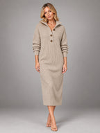 Women's Knitted Midi Dress – Button High Neck Relaxed in Khaki — front view