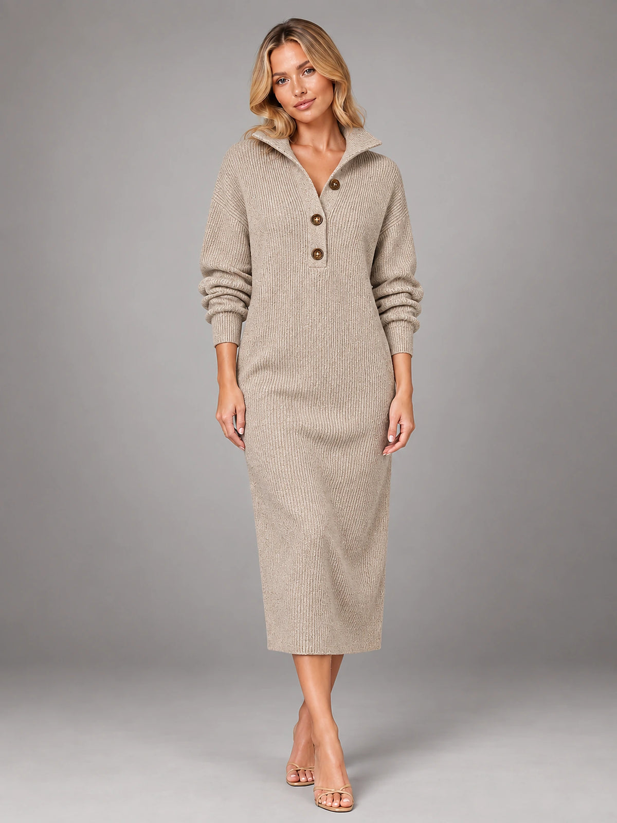 Women's Knitted Midi Dress – Button High Neck Relaxed in Khaki — front view