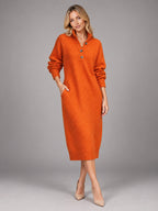Women's Knitted Midi Dress – Button High Neck Relaxed in Orange Red — alternate view