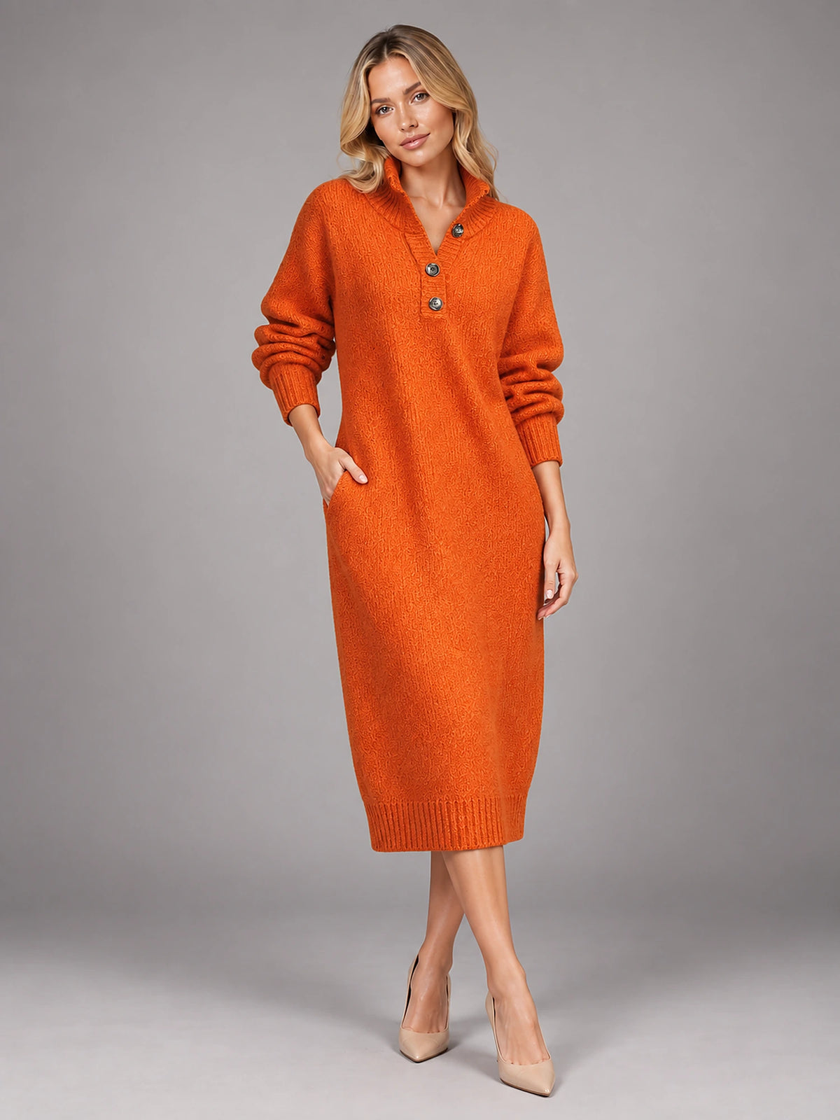 Women's Knitted Midi Dress – Button High Neck Relaxed in Orange Red — alternate view