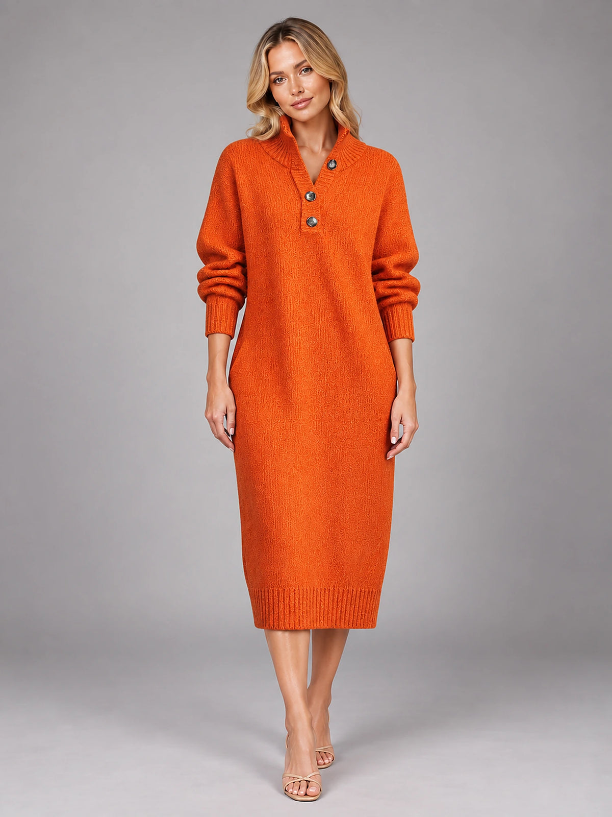Women's Knitted Midi Dress – Button High Neck Relaxed in Orange Red — front view
