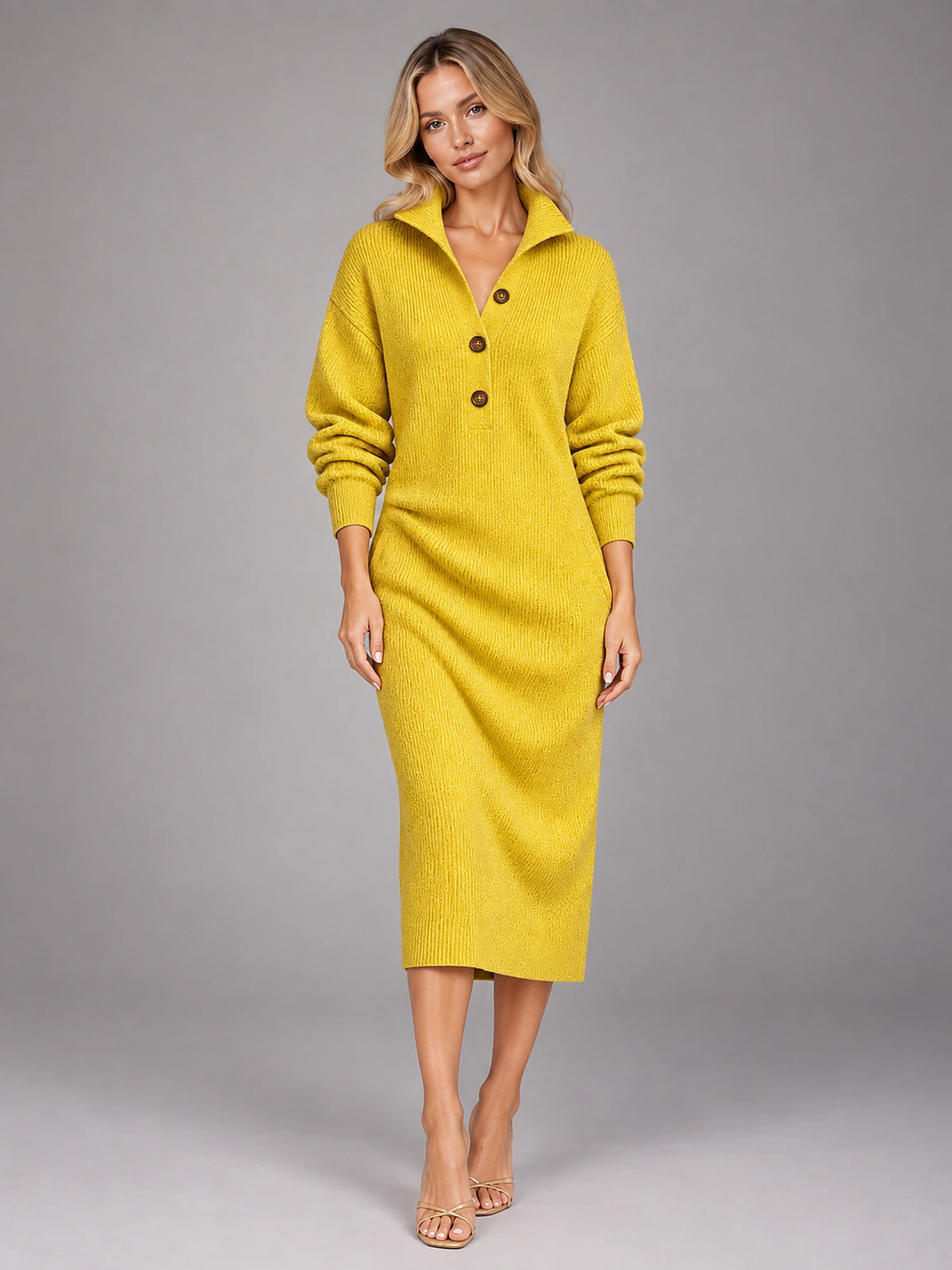 Women's Knitted Midi Dress – Button High Neck Relaxed in Yellow — front view