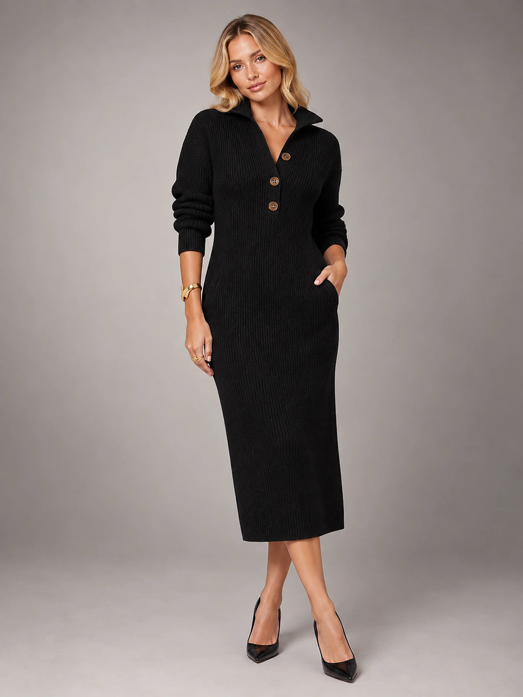 Women's Knitted Shirt Dress – Button-Up Collared in Black — alternate view
